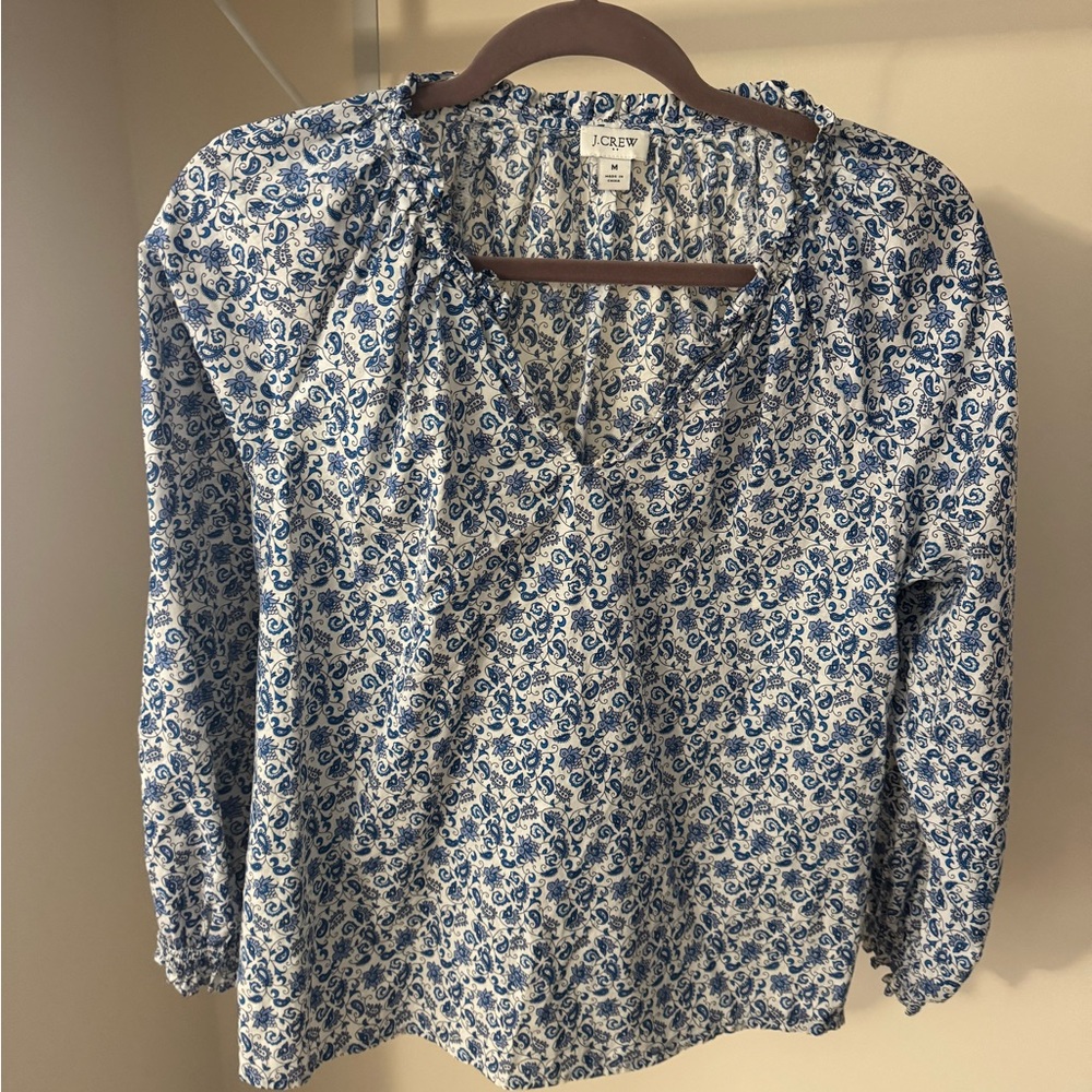 J. Crew White and Blue Patterned Blouse